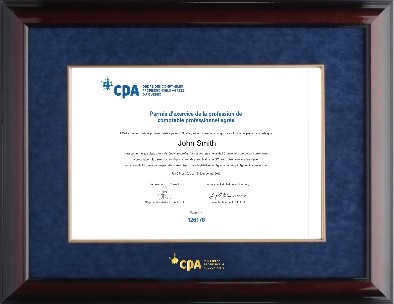 Glossy mahogany CPA QC horizontal frame with blue velvet mat board & gold fillet